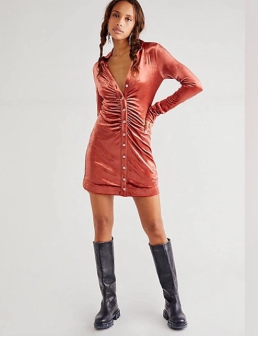 Free People Rust Velvet Ruched Button-Front Mini Dress